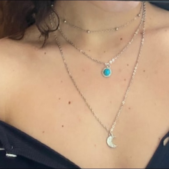 Boho Silver Moon Pendant Turquoise Layered Necklace - Picture 4 of 8
